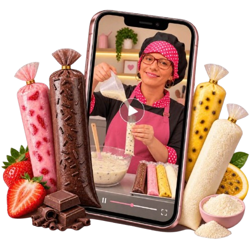 Celular exibindo uma aula prática de geladinhos gourmet com a professora
